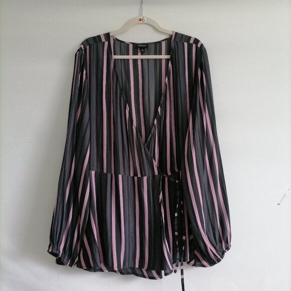 Torrid Womens Pink Black Striped Balloon Sleeve Faux Wrap Blouse Top Size US 4X - Picture 1 of 8